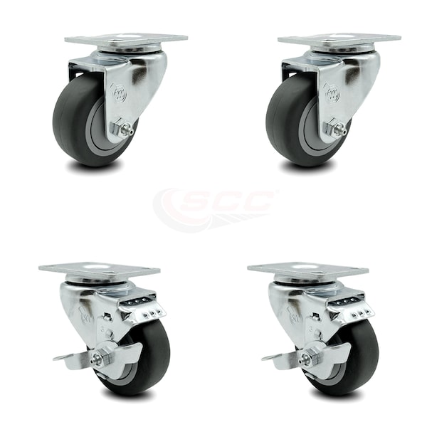 3.5 Inch Thermoplastic Rubber Wheel Swivel Top Plate Caster Set with 2 Brake SCC